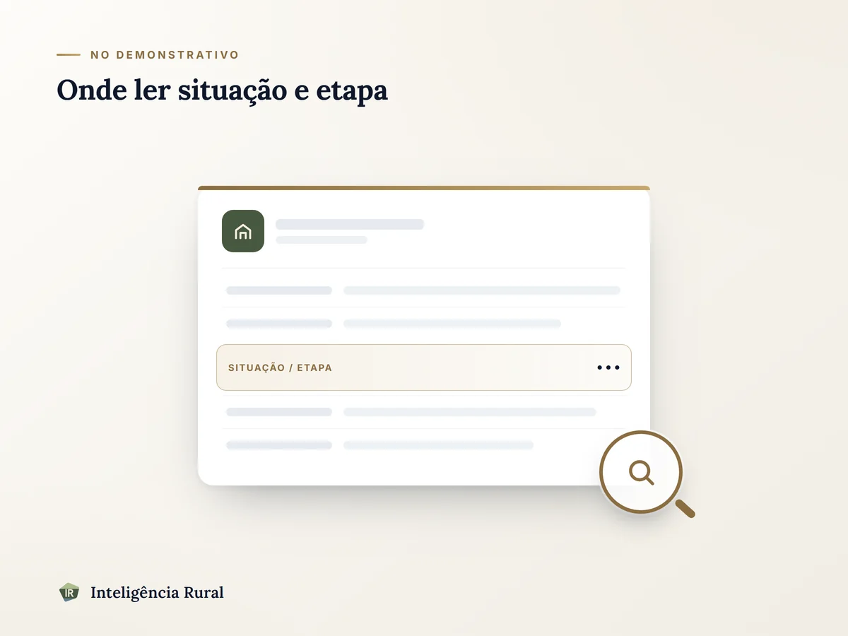 Ilustração estilizada de um card de resultado de consulta a um imóvel rural, com o campo de situação e etapa destacado por uma lupa