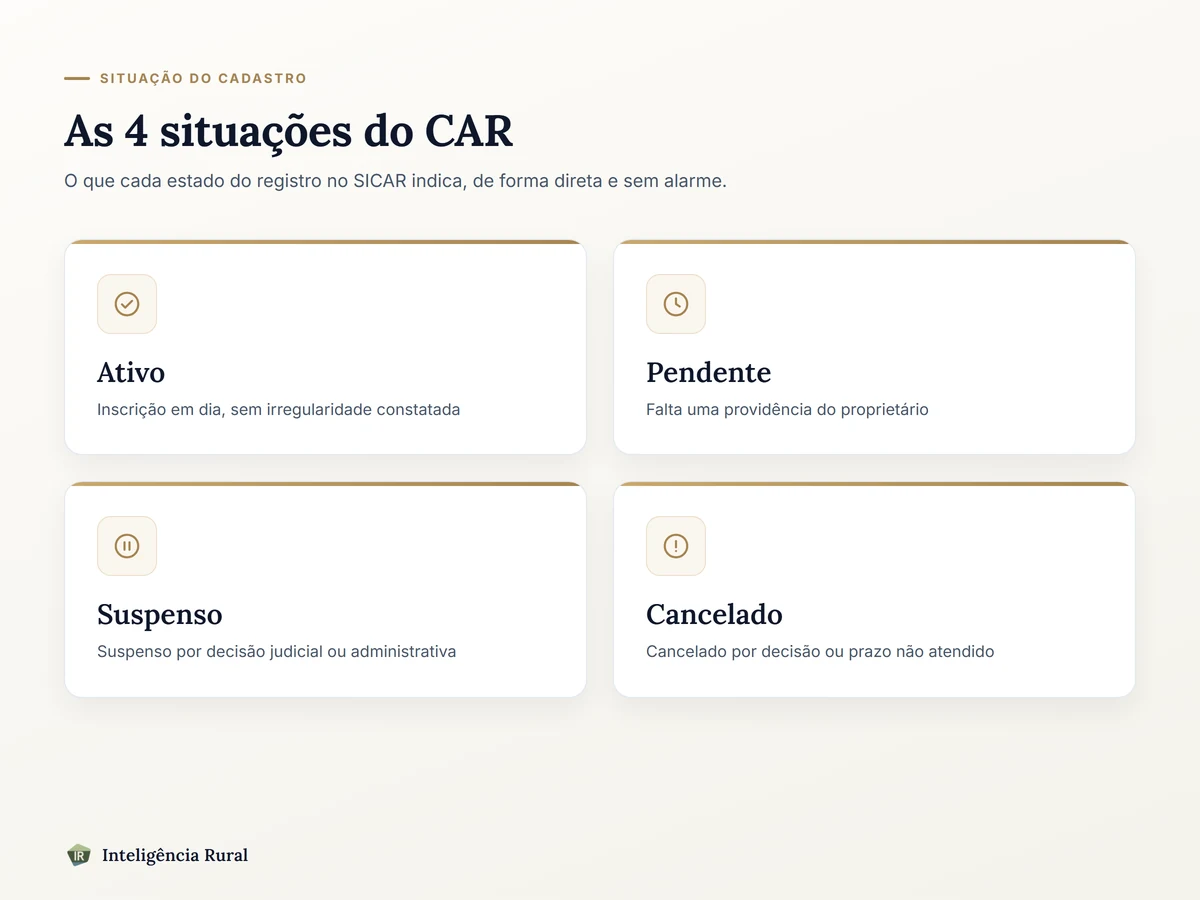 Infográfico com os 4 status possíveis do CAR (ativo, pendente, suspenso, cancelado) e uma frase curta explicando cada um