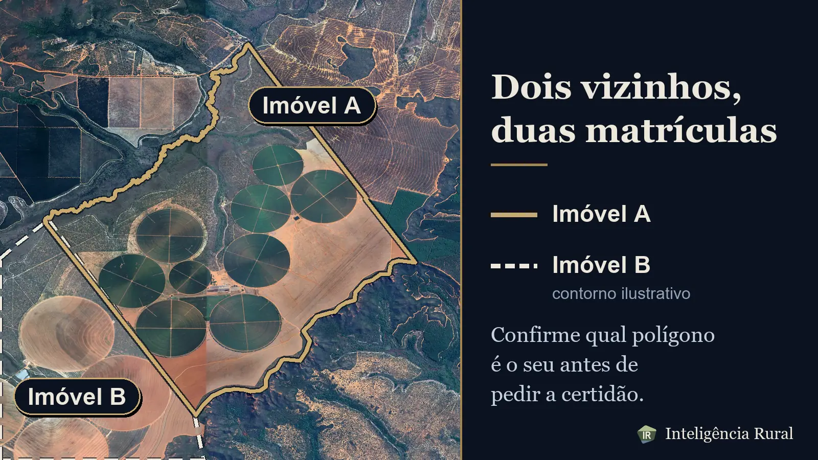Satélite com o imóvel A em contorno bronze e o imóvel B vizinho em tracejado, lado a lado.