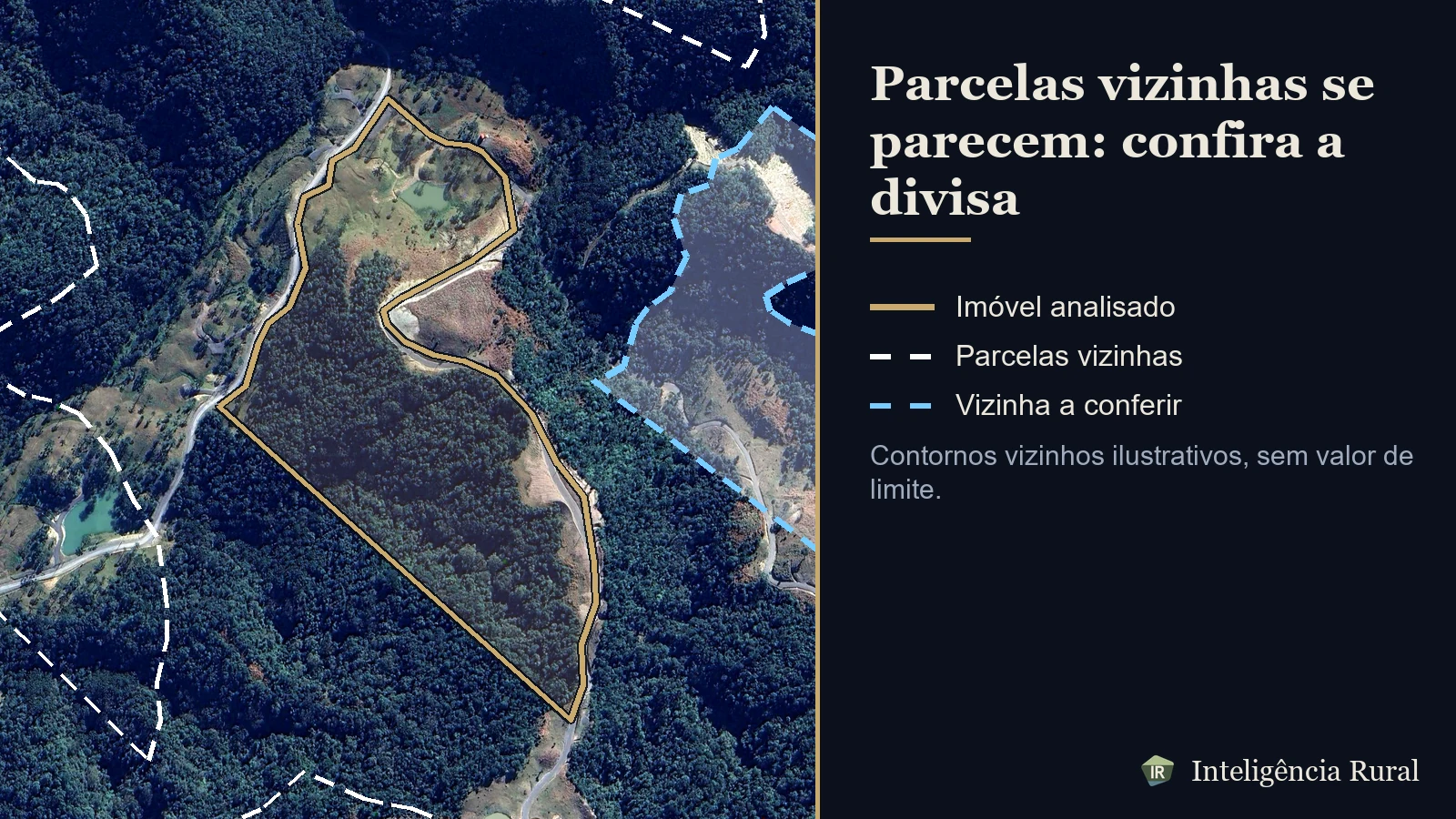Satélite com o polígono do KML em contorno bronze e contornos de parcelas vizinhas ilustrativos em tracejado, um deles destacado sobre a área.