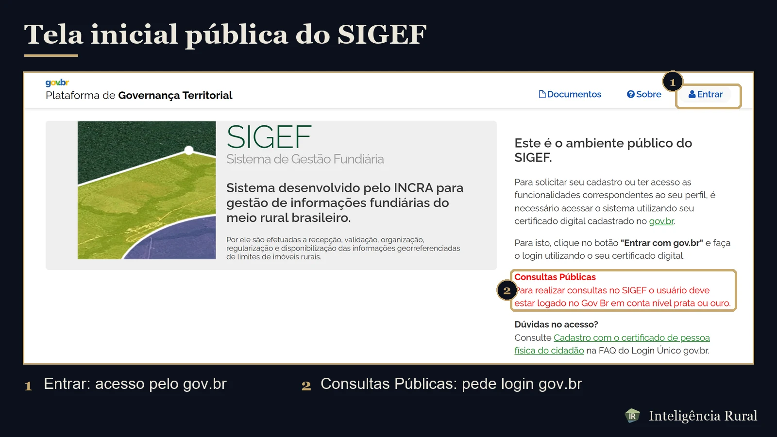 Captura da tela inicial pública do SIGEF com o botão Entrar e o aviso de Consultas Públicas destacados e numerados.