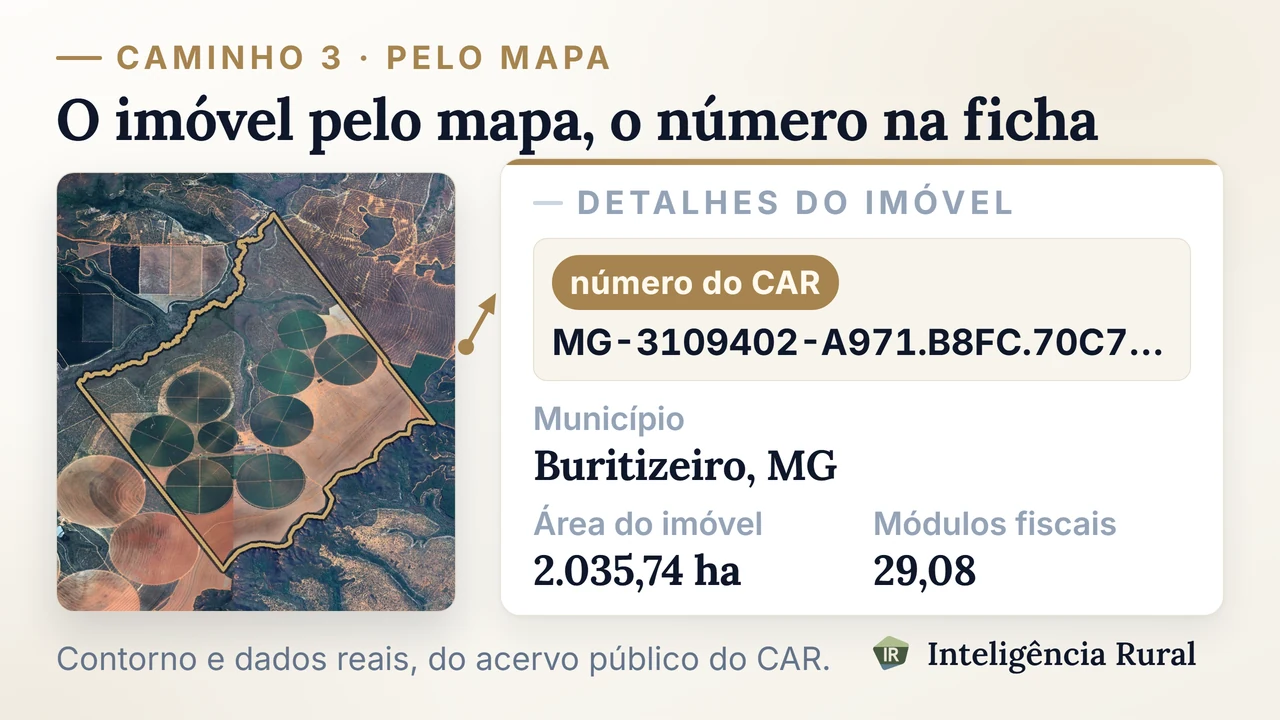 Imagem de satélite de um imóvel rural com o contorno do polígono e um balão indicando onde fica o número do CAR na ficha