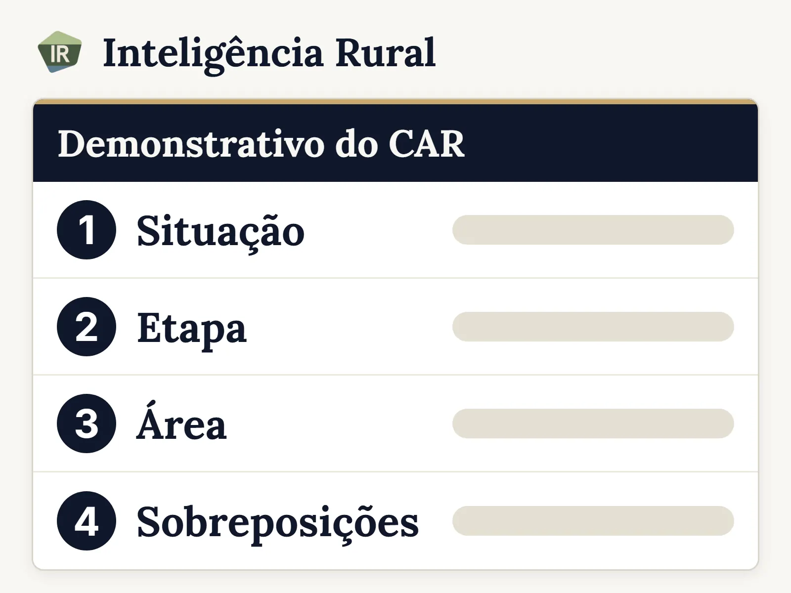 Esquema de um demonstrativo do CAR estilizado, com quatro campos numerados na ordem de leitura: situação, etapa, área e sobreposições