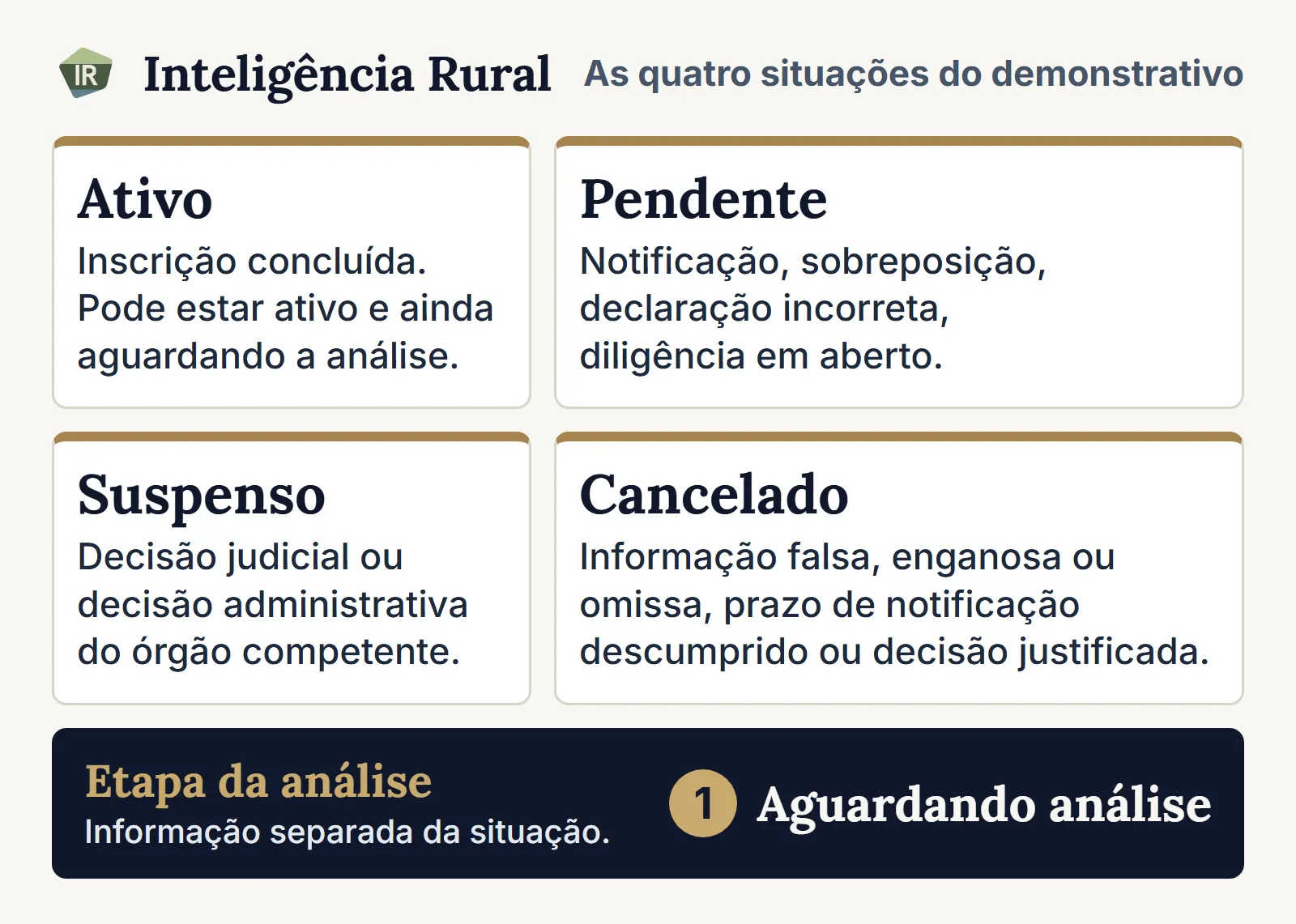 Infográfico com as quatro situações do demonstrativo do CAR, ativo, pendente, suspenso e cancelado, e a etapa separada